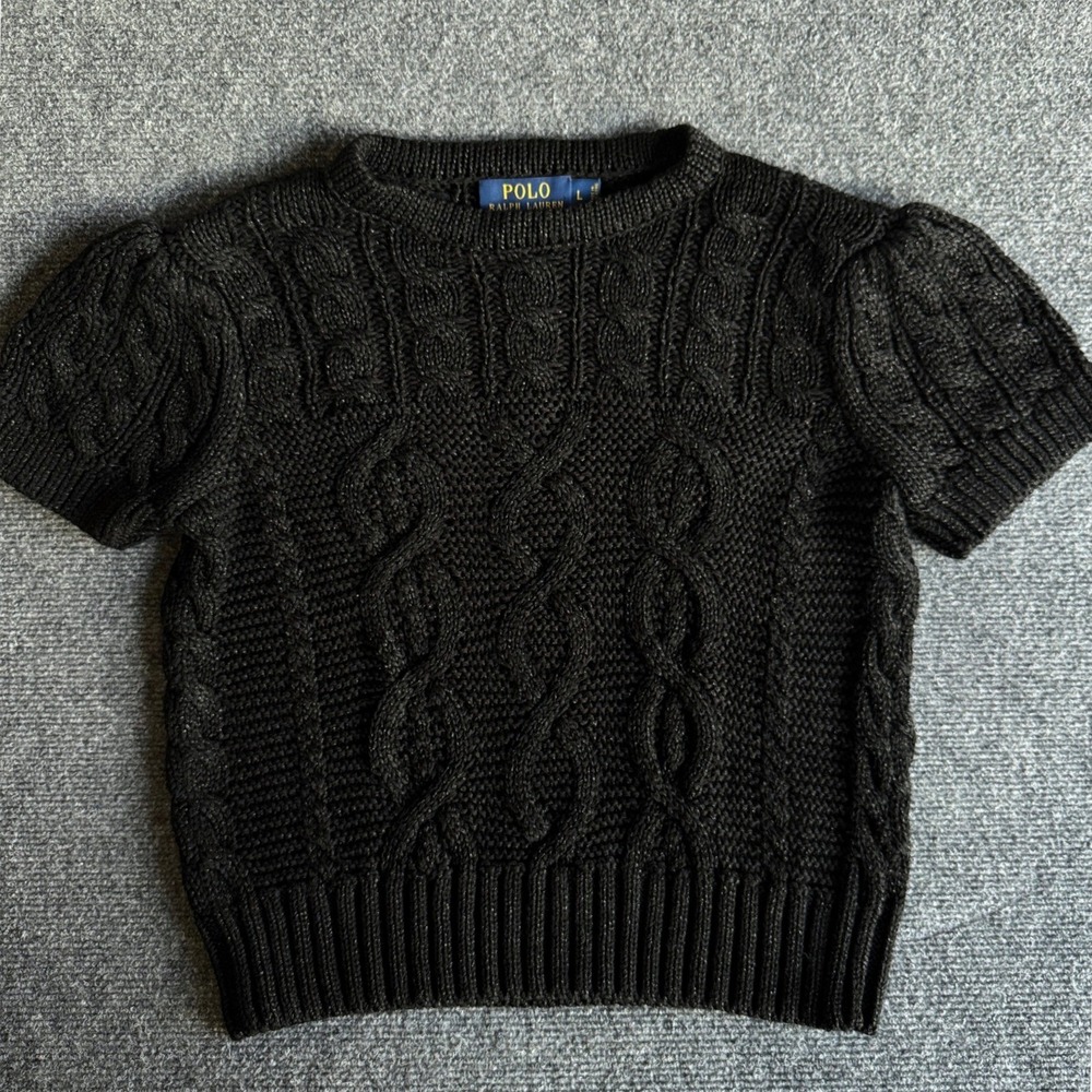 Polo Ralph Lauren Sweater Black Metallic Cable Knit Puff Sleeve Preppy L